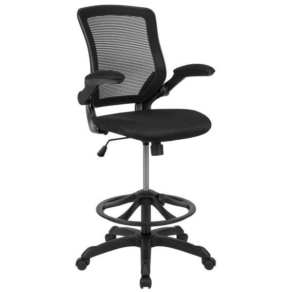 Mid-Back Black Mesh Ergonomic Drafting Chair with Adjustable Foot Ring and Flip-Up Arms [BL-ZP-8805D-BK-GG]