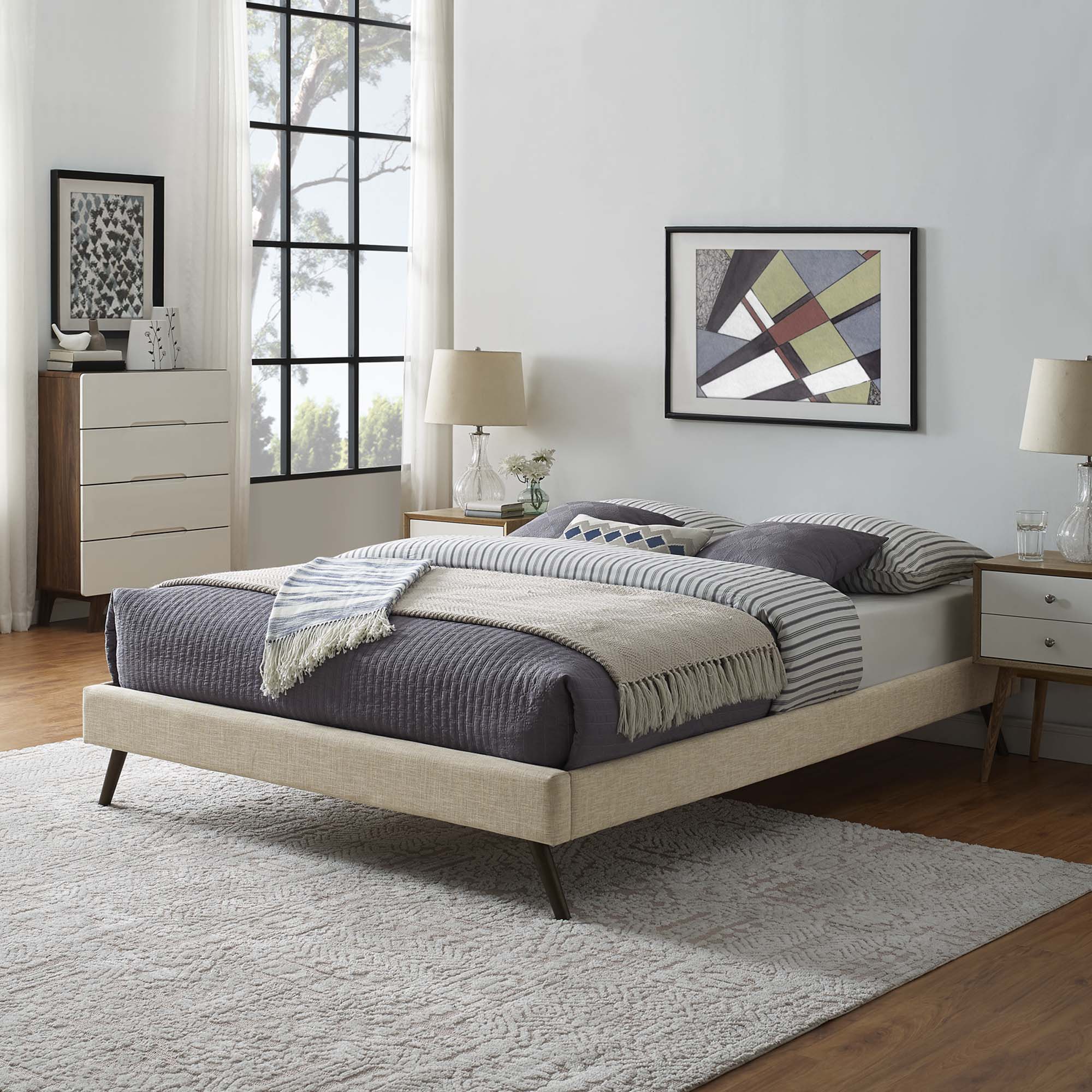 Loryn Fabric Queen Bed Frame with Round Splayed Legs by Modway