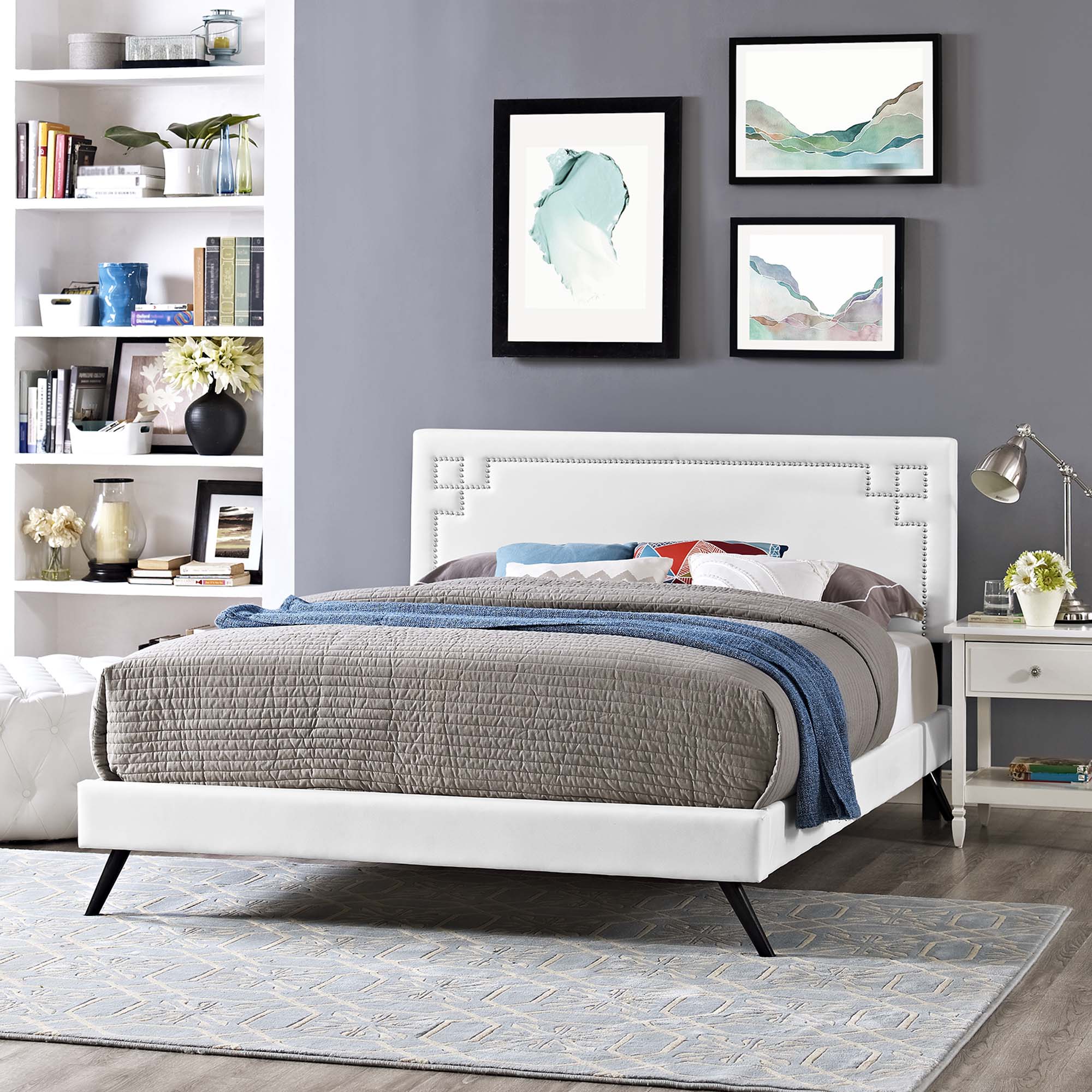 Ruthie Vinyl Queen Platform Bed with Round Splayed Legs by Modway